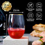 FOCUSLINE 20pcs 16 Oz Plastic Wine Glasses, Stemless Gold Rim, Heavy Duty Disposable Drinking Cups, Reusable Shatterproof for Party & Wedding