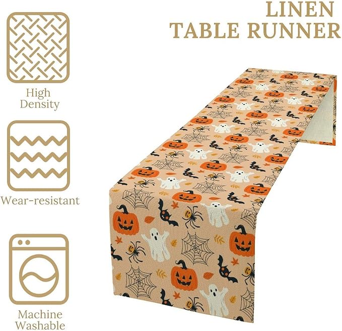 Halloween Table Runner,Cute Ghost Pumpkin Leaves Table Runner for Kitchen Dining Table Decoration Home Party Decor 13x108 Inch