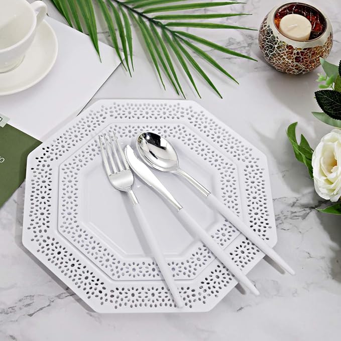 WELLIFE 144 Pack Silver Plastic Cutlery, Disposable Silver Flatware Includes： 48 Forks, 48 Knives and 48 Spoons, Suitable for Parties and Wedding for Wedding