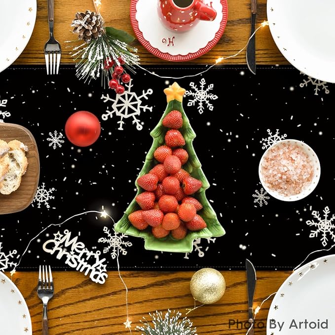 Artoid Mode Black Snowman Snowflake Let it Snow Winter Table Runner, Christmas Kitchen Dining Table Decoration for Home Party Decor 13x90 Inch