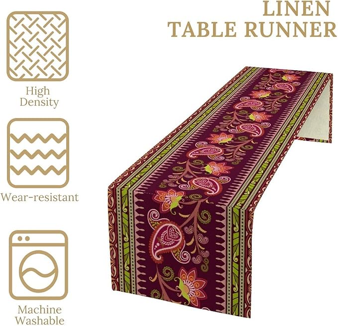 Dark Red Paisley Table Runner, Vintage Boho Paisley Flowers Geometric Print Table Cover for Farmhouse Wedding Party Home Kitchen Dining Table, 13x70inch