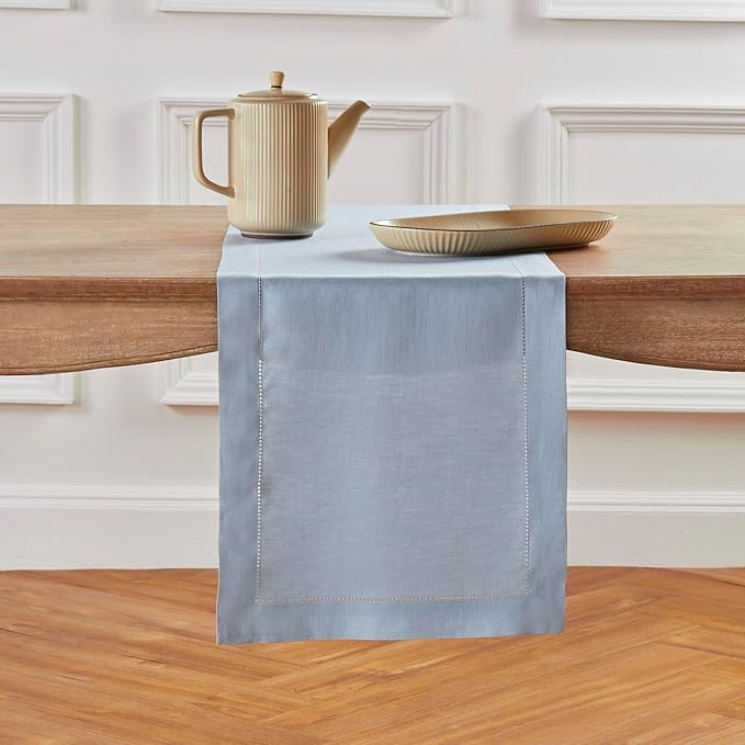 Solino Home Linen Dusty Blue Table Runner 60 Inches - Classic Hemstitch, 100% Pure Linen Coffee Table Runner 14 x 60 Inch Ideal for Dresser Tables - Fall, Autumn, Halloween, Thanksgiving