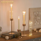 NUPTIO Tall Candlestick Holders for Centerpiece: Hurricane Candle Stick Holders with Ribbed Glass Sleeve - Gold Metal Candleholder Set of 3 for Table Fireplace Living Room Decor