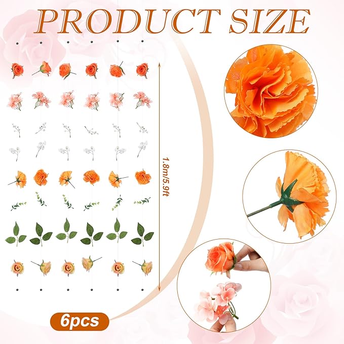 XunYee 6 Pcs 35.4 ft Flower Garlands Hanging Wildflower Backdrop Decoration Artificial Floral Garlands Fake Flower Vines Faux Silk Wildflower Decor for Halloween Fall Wedding Garden Wall Arch(Rose)