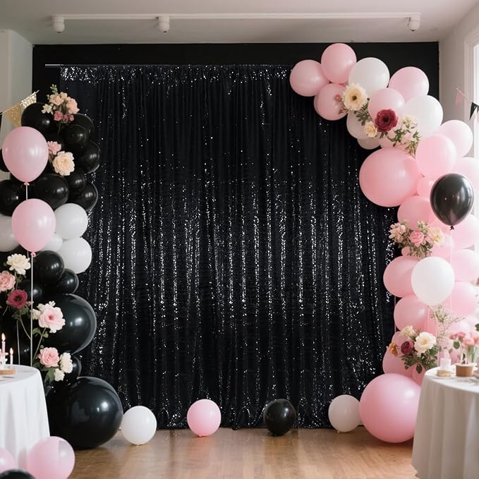 SquarePie Sequin Backdrop Less See Through Thick Stain Background Glitter Curtain Halloween Party 8FT x 8FT Black