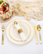 YOUBET 350PCS Ivory Scalloped Plastic Plates - Ivory and Gold Disposable Dinnerware Set Include 100 Plates, 150 Gold Silverware, 50 Cups, 50 Napkins for Wedding & Party & Thanksgiving