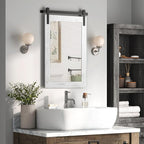 COGOOD Farmhouse Barn Door Mirror - 38" x 25" Rustic Wood Framed Wall Mirror for Bathroom, Living Room, Entryway Wall Decorative (White)