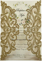 25PCS Champagne Gold Glitter Laser Cut Wedding Invitations Cards with Envelopes,Blank Inner Sheets,Ribbons for Wedding Bridal Shower Quinceañera Engagement Birthday Invites, champagne glitter