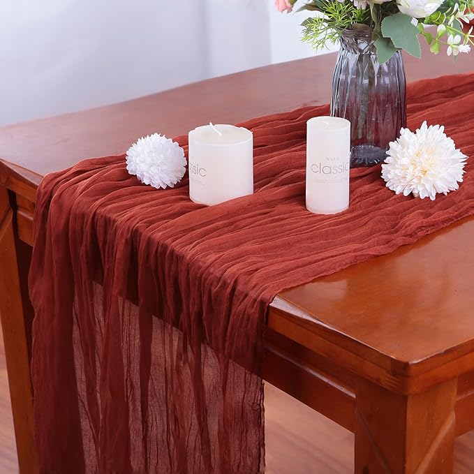 4 Pack Terracotta Cheesecloth Table Runner 35x120 Inch Boho Gauze Fabric Cheese Cloth Table Runner 10Ft Rustic Romantic Sheer Table Runners for Wedding Party Bridal Baby Shower Long Table Decoration
