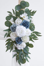 Dusty Blue Artificial Wedding Arch Flowers Kit (Pack of 3) with 26Ft White Shiny Arch Draping Fabric for DIY Wedding Party Ceremony Reception Backdrop Floral Decoration