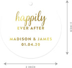 Andaz Press Personalized Round Circle Wedding Gift Tags, Metallic Gold Ink, Happily Ever After, 24-Pack, Custom Made Any Name