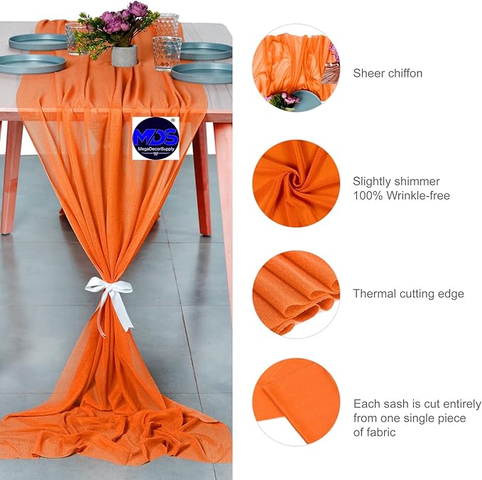 MDS Halloween Chiffon Table Runner - 12 Pack, 29 x 170 Inches, 14ft Each - Sheer Spooky Table Runners for Haunted House Parties, Trick-or-Treat Tables, Witchy Décor, Wedding & Events - Orange