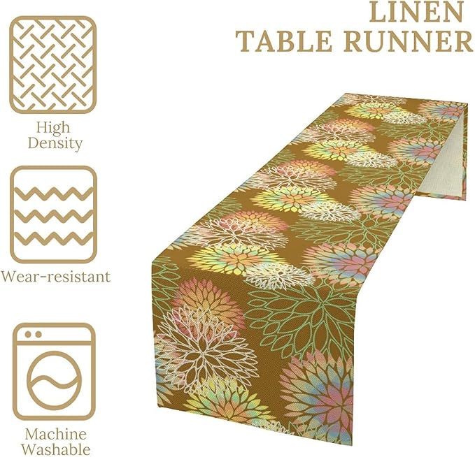 Brown Grey Dahlia Flower Table Runner, Linen Geometric Pattern Floral Table Decor Spring Farmhouse Decorations for Kitchen Dining Holiday Party Decor, 13x60 Inch