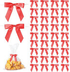 50Pcs Red Twist Tie Bows for Gift Wrapping 2.5" Satin Ribbon Bow for Treat Bags Cake Balloons Birthday Party Favors Wedding Decorations