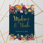 Andaz Press Personalized Extra Large Wedding Easel Board Party Sign, 12x18-inch, Fall Autumn Orange Burgundy Coral Roses on Navy Blue, Bride Groom Names and Date, 1-Pack, Custom