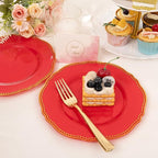 Hioasis 60pcs Red Plastic Plates - Red and Gold Disposable Dinnerware with Gold Rim, Heavy-duty, 7.5 inch, Dessert Plates for Party & Wedding