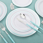 COLOSUS 125pcs Disposable Silver Blue Plastic Plates and Silverware .Light baby blue dinnerware party set include 25 Dinner Plate 25 Dessert Plate 75 silverware for Easter day Party Dinner