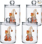 Gredecor 4 Pack Apothecary Jars with Lid Fall Gnome Maple Pumpkins Qtip Holder Dispenser Storage Containers Clear Plastic Cute Fall Autumn Thanksgiving Theme Canisters for Bathroom Vanity Organization