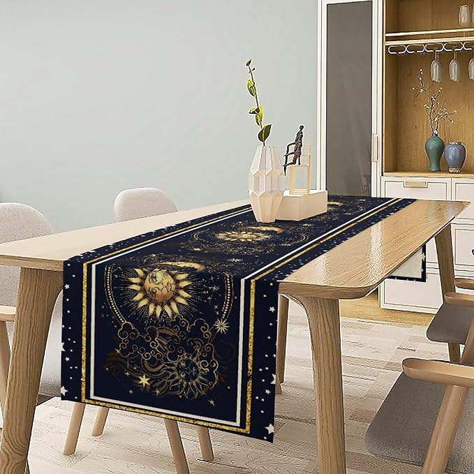 Sun Moon Table Runner, Seasonal Golden Sun Moon Holiday Kitchen Dining Table Runner for Kitchen Living Room Home Party Decor 13x90 Inch