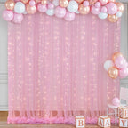 10×10ft Pink Tulle Backdrop Curtain with Lights String for Parties, Sheer Photo Curtain Backdrop Drapes for Wedding Party Photography Backgrounds