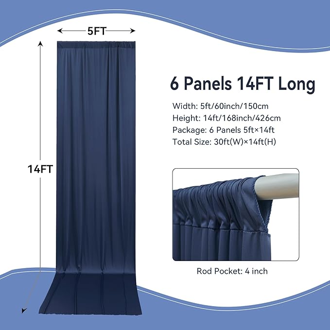 30×14ft Wrinkle Free Navy Blue Backdrop Curtain for Wedding Parties,6 Panels 5×14ft Height Soft Silky Polyester Photo Backdrop Drapes Curtains for Birthday Photography Stage Events Background Cloth