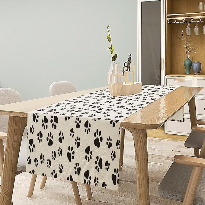Dog Paws Table Runner,Cartoon Cute Black White Animal Footprints Abstract Tablecloth Burlap for Hotel Indoors Outdoor Dining Room Kitchen Home Decor,W13X L108 in
