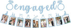 Pre-Strung Engaged Photo Banner - Light Blue Glitter Engagement Party Decoration Supplies with Romantic Memories Picture Card Frames for Bachelorette, Bridal Shower, Wedding Party Photo Booth Props