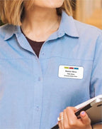 Custom Name Tag with Logo - Personalized Name Badge with Magnet Backing - Choose Your Size and Color (White Metal 3"x1.5" - Logo on Top)
