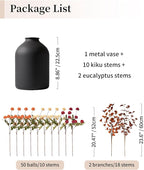 BLOSMON Fall Flowers in Vase for Centerpieces: Metal Vase with 12 Stems of Fake Mums Kiku Flowers Eucalyptuses Home Thanksgiving Table Decoration - Burnt Orange Artificial Pom Poms Floral Arrangement