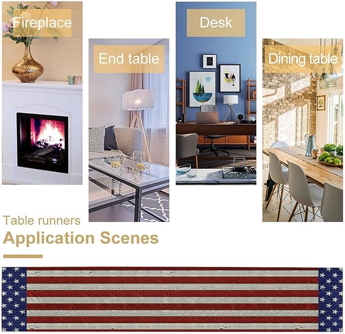 American Flag Table Runner, 4th of July USA Rustic Vintage Wooden Blue Red Stars Stripes Print Table Runner for Farmhouse Kitchen Dining Table Decor, 13x60inch