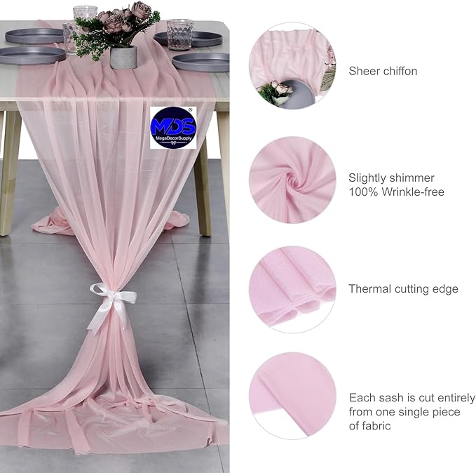 MDS 20 Pack 10ft Chiffon Table Runner 29 x 120 Inches Sheer Wedding Runner Romantic Rustic Table Runner for Wedding Decorations, Birthday Parties, Bridal Shower Party Arch Decor - Blush Pink