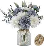Fake Flowers with Vase,8 Dahlias, with a Flower Arrangement Holder,Silk Faux Dahlia Artificial Flowers in Vase,Centerpiece Table Decorations,Coffee Table Decor