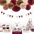 Burgundy Brown Beige Boho Party-Decorations - 20pcs Dusty Pink Fall Birthday Paper Lanterns Fans,Tissue Pom Poms,Honeycomb Balls,Autumn Wedding Bridal Shower Rustic Neutral Baby Decor Burgleda