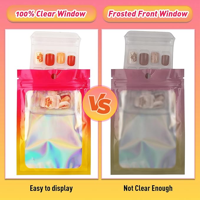 Funfery 100 Pack Gradient Holographic Bags,Mylar Resealable Bag with Zipper,Clear Window Packaging Pouchs,Smell Proof Foil Bag for Food Storage,Sample Jewelry Bags(4.7×7In,Hot Pink Orange)