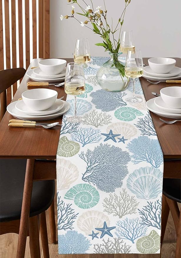 Coastal Coral Cotton Linen Table Runner for Dining Kitchen, Wedding Outdoor Party Tablerunners Decoration, Blue Nautical Starfish Ocean Shell Beach Dresser Scarf Coffee Tablecloth Runners 13x48 Inches