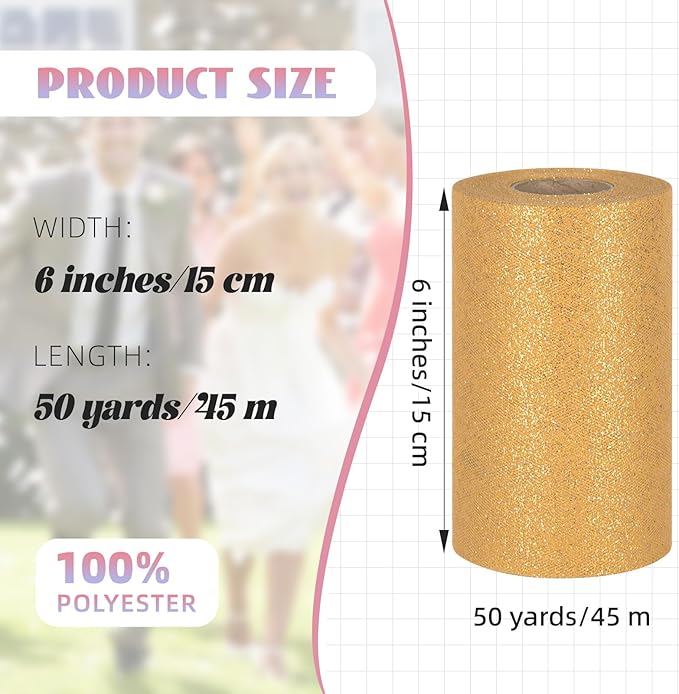 Glitter Tulle Rolls 6” by 50 Yards Sparkle Tulle Fabric Ribbon Sequin Tulle Netting Rolls for DIY Tutu Skirt Wedding Birthday Party Decoration (Gold)