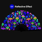 UV Glow Rave Fan, Bamboo Folding Clack Hand Fans Foldable for Men Women, Boots on the Ground Poping Fan for EDM Festival Line Dance Decoration, (Magic Mushrooms, Large 13")