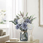 Fake Flowers in Vase,8 Dahlias,Silk Artificial Flowers in Vase,Centerpiece Table Decorations,Faux Flowers in Vase with a Flower Arrangement Holder