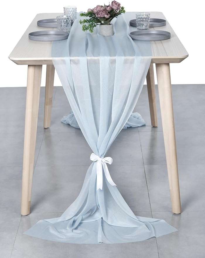 MDS 2 Pack 10ft Chiffon Table Runner 29 x 120 Inches Sheer Wedding Runner Romantic Rustic Table Runner for Wedding Decorations, Birthday Parties, Bridal Shower Party Arch Decor - Baby Blue