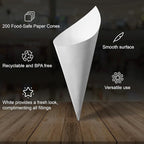 MONTX® 200-Pack Disposable Food Cones | 7" or 6" | White Food-Safe Paper Charcuterie Cones for Appetizers, Popcorn, Snacks, Confetti | Eco-Friendly Alternative to Wood Cones (6 Inch)
