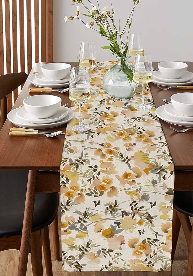 Vintage Orange Flower Cotton Linen Table Runner for Dining Kitchen, Wedding Outdoor Party Tablerunners Decoration, Farmhouse Botanical Floral Retro Dresser Scarf Coffee Tablecloth Runners 13''x108''