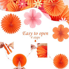SUNBEAUTY Paper Fans Decorations Pink and Orange Party Decorations Flower Party Decorations Classroom Decoration Paper Floral Backdrop Decor Flower Wall Decor with Daisies,Set of 9