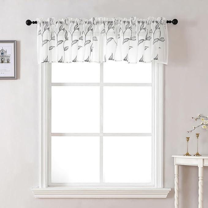 VISIONTEX Sheer Voile Curtain Valances, Decorative Leaves Embroidered, Rod Pocket Window Treatment for Kitchen/Rustic Bedroom/Living Room (54 x 16 Inch,1 Panel)