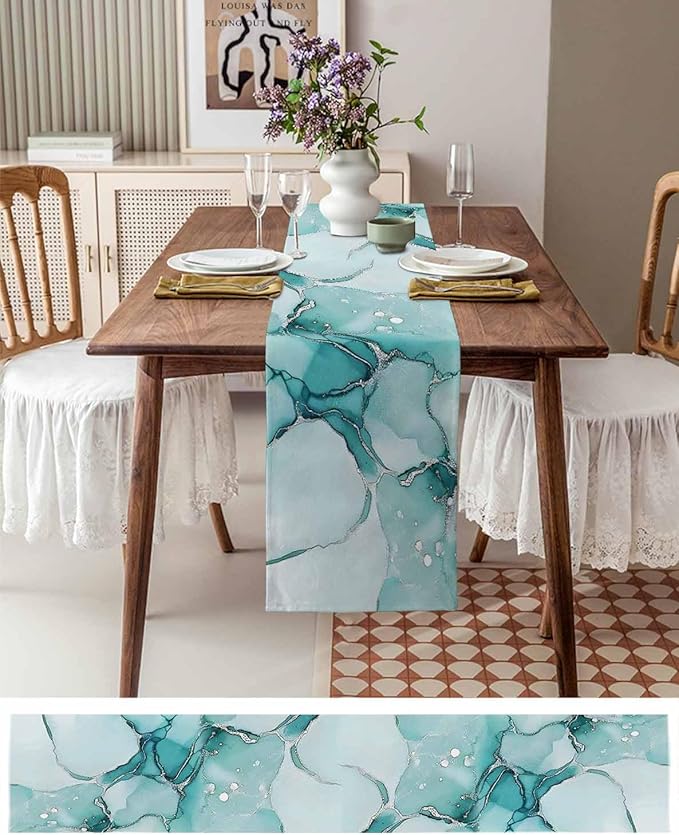 Turquoise Marble Cotton Linen Table Runner for Dining Kitchen, Wedding Outdoor Party Tablerunners Decoration, Nature Marble Crack Country Retro Dresser Scarf Coffee Tablecloth Runners 13x60 Inches
