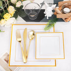 Festiva 350Pcs Gold Plastic Plates - Disposable Square Gold Plates Dinnerware set include 9.5"/6" Plates,Cups,Plastic Cutlery,Hand Napkins Perfect for 50 guests Party&Wedding&Birthday