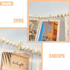 Hanging Photo Display With 12 Clips, Wooden Bead Garland 2PCS, Boho Style Collage Photo Frame Decoration for Dorms, Classrooms, Bedrooms