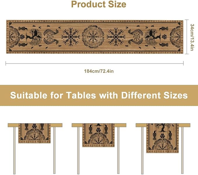 Viking Tree of Life Table Runner, Wooden Printed Eagle Dragon Boat Rudder Seasonal Kitchen Dining Table Decoration for Home Party 13x108 Inch