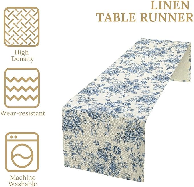 Floral Table Runner, Retro Blue Flower Chinoiserie Sketch Pattern Print Table Runner for Kitchen Dinning Table Runner Decor Home Wedding Party Holiday, 13x108 Inch