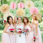 Sage-Green Pink-Champagne Party-Decorations Streamers Lanterns - 14pcs Neutral Baby Shower Paper Fan,Tissue Pom Poms,Honeycomb Balls,Boho Wedding Engagement Bachelorette Birthday Bridal Decor Ouruola