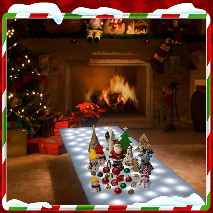 VIHOSE Christmas Snow Blanket with LED Lights String Pre Lit Artificial Fake Snow Blanket Roll Lighted Table Runner for Christmas Tree Village Display Winter Holiday Decor (White Light,94'' X 24'')